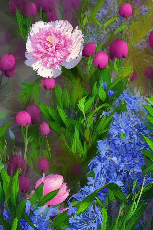 Prompt: beautiful digital matter cinematic painting of whimsical botanical illustration of peonies and bluebells, whimsical scene bygreg rutkowki artstation