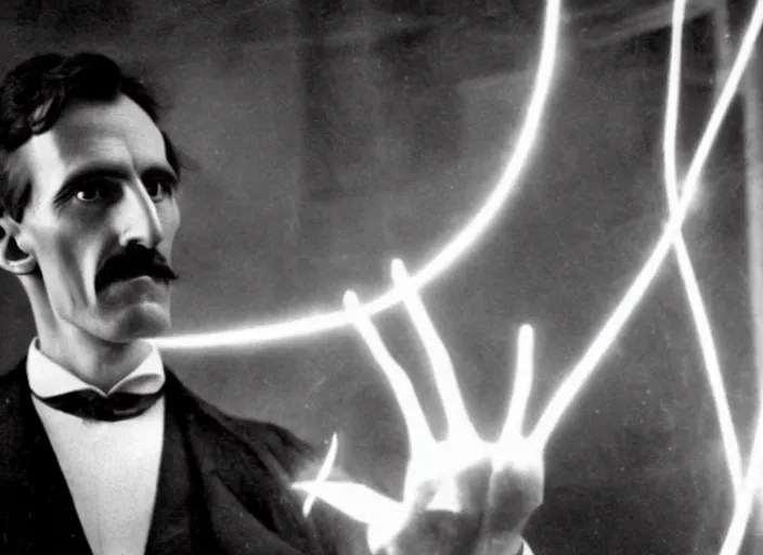 Image similar to Nikola Tesla In an Electric room shocked to the eyes commanding electric current with his hands, award winning Hollywood movie