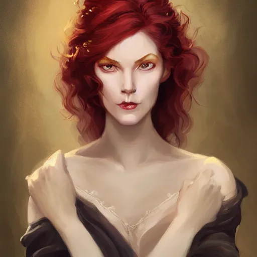 Image similar to a detailed matte head - on portrait painting of an middle - aged tiefling elegant and distinguished noblewoman with golden eyes and short long flowing red hair, by charlie bowater, lise deharme, wlop, tending on arstation, dungeons and dragon, dnd, pathfinder, fanart, oil on canvas