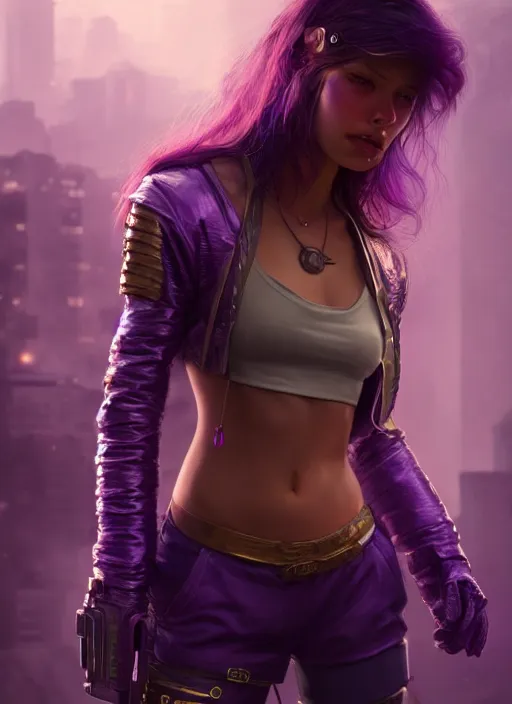 Prompt: young woman wearing shorts and shirt : : purple - gold streets cyberpunk : : weta disney pixar movie still photo : : decadent highly - detailed digital painting, heroic pose, full length shot, golden ratio, octane render, artstation, smooth, sharp focus, artgerm, mucha, loish, wlop, gogo