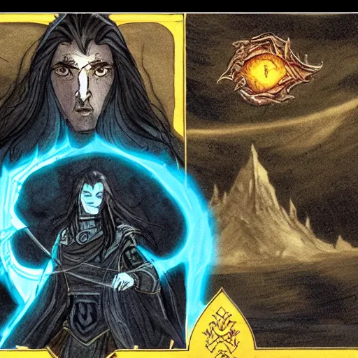Prompt: Fingolfin, the Highking of the Noldor with black hair and blue, glowing eyes, fighting Melkor, the Dark Lord and Master of all evil in front of his dark and gigantic fortress Angband
