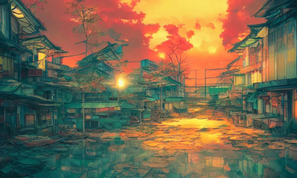 Prompt: a colorful glowing abandoned japanese city, sunset, moist, pastel, artstation, digital art.