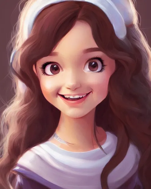 Prompt: classic disney portrait character art of white girl with long black hair and big beautiful brown eyes, round cute cheeks and a big smile, art, cgsociety, artstation