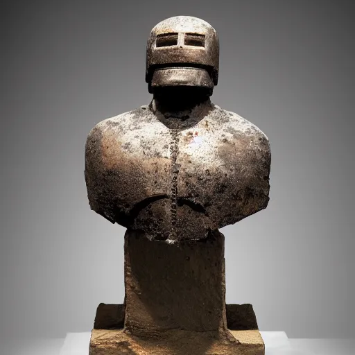 Image similar to an extremely ancient ironman bust that is tarnished and covered in sediment from uncovered earth expedition, rare photograph, smithsonian,