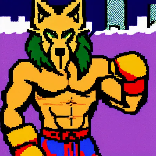 Image similar to full body portrait. 1 6 bit sega graphics. antropomorphic muscular masculine wolf, kickboxer fighter, in shorts, in front of destroyed city. wolf head. furr on body. at night. 1 9 8 9