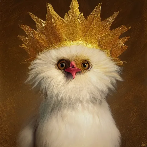 Image similar to a cute furry chick wears a golden metal crown on its head, by esao andrews, by m. w. kaluta, volumetric light, rich colors, very humorous oil painting, realistic reflections, smooth, concept art, depth perception, high depth of field, 4 k, unreal engine 5, ultradetailed, hyperrealistic, artstation