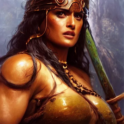 Prompt: salma hayek as barbarian warrior in jungle, au naturel, hyper detailed, digital art, trending in artstation, cinematic lighting, studio quality, smooth render, unreal engine 5 rendered, octane rendered, art style by klimt and nixeu and ian sprigger and wlop and krenz cushart.