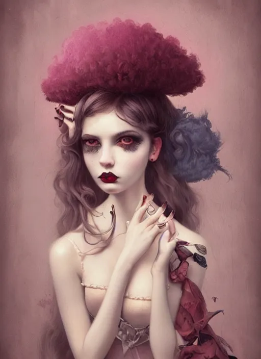 Image similar to pop surrealism, lowbrow art, realistic cute seductive female painting, romantic gown, hyper realism, muted colours, rococo, dorian clevenger, natalie shau tom bagshaw, mark ryden, trevor brown style,