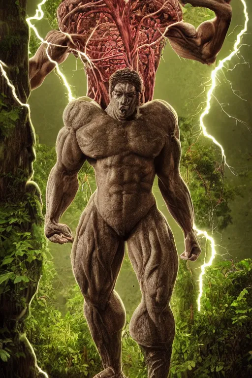 Prompt: high resolution photo of a muscular humanlike creature with big brain, overgrown by brain material, made of brains, brainy, smart, slime, tree roots, dark clouds, foliage, veins, lightning, big muscles, sweat, slime, troll, fishlike, gills, dragonlike, grown together, overgrown, electronic wires, god rays, dark, skin, plastic wrap,