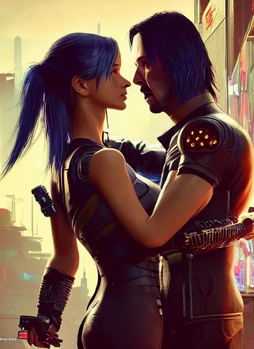 Prompt: a cyberpunk 2077 couple portrait of a Keanu Reeves as johnny silverhand and a female android in final kiss,couple pose,love,fantasy, intricate, elegant,by Alex Horley,Heather Theurer,aaron horkey,Greg Rutkowski,artstation,deviantart,FAN ART,Digital painting,face enhance,highly detailed,8K,octane,golden ratio,cinematic lighting