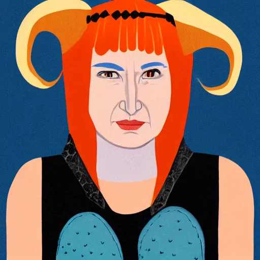 Image similar to illustrated portrait of ugly ram-horned woman with orange skin and a blue hair bob wearing leather armor