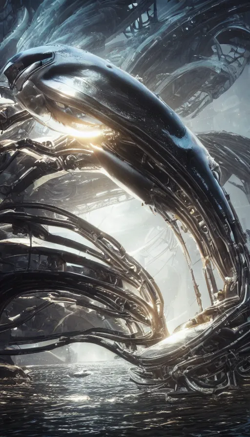 Image similar to summoning a beautiful biomechanical orca spirit from the ocean, organic and robotic, made up of many bits of metal, skin, and plastic, wet, shiny, metallic, cyberpunk, apocalyptic, hyper realistic, cinematic angle unreal engine render, 8k, super detailed, SLEEK!!!