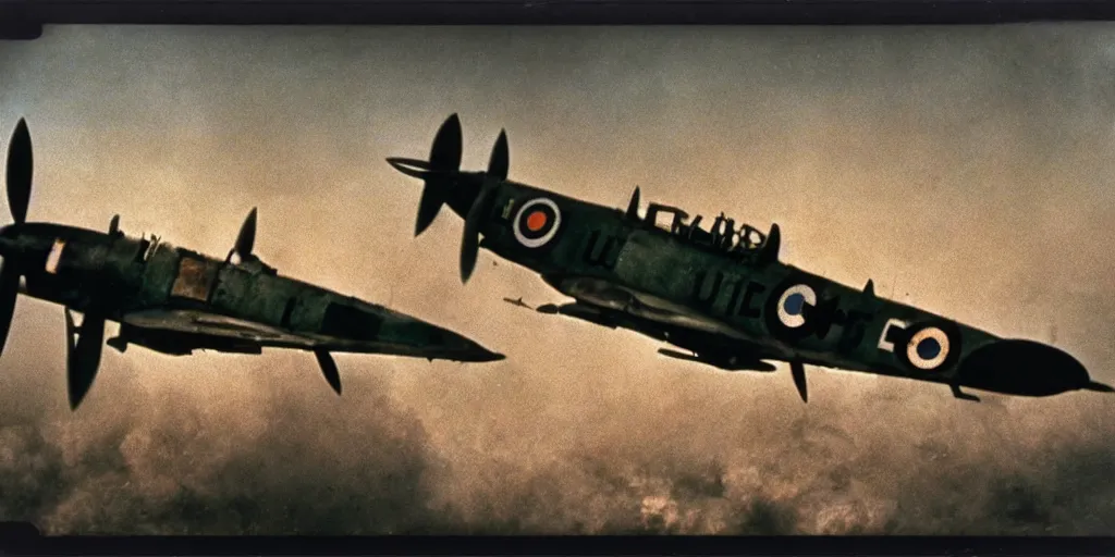 Image similar to detailed medium format photo, polaroid still from tarkovsky movie, british spitfire plane flying over a destroyed city, haze, high production value, intricate details, 8 k resolution, hyperrealistic, hdr, photorealistic, high definition, tehnicolor, award - winning photography, masterpiece, amazing colors