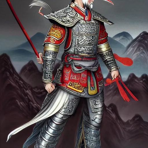 Image similar to dynamic composition, motion, ultra-detailed, incredibly detailed, a lot of details, amazing fine details and brush strokes, colorful and grayish palette, smooth, HD semirealistic anime CG concept art digital painting, watercolor oil painting of a Tang Ming dynasty chinese tao fantasy general wearing armor, from Three Kingdoms, by a Chinese artist at ArtStation, by Huang Guangjian, Fenghua Zhong, Ruan Jia, Xin Jin and Wei Chang. Realistic artwork of a Chinese videogame, gradients, gentle an harmonic grayish colors.