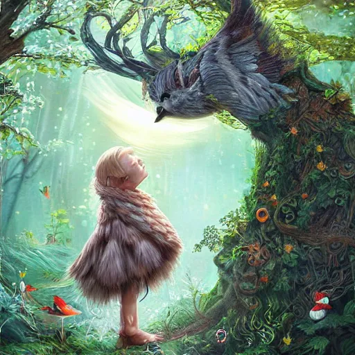 Image similar to magical forest, birds, child forest, highly detailed facez, stra ge creatures, artwork, digital art, fantasy