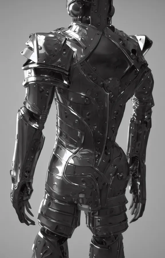 Image similar to futuristic warrior with latex and steel details, with his back to the viewer, futuristic space suite, back light, full body view, 8 k, 3 d render, cinematic lighting