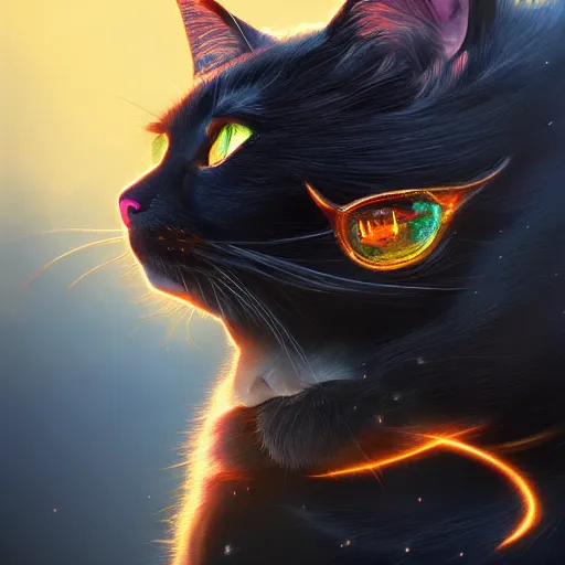 Image similar to magic black energy cat, golden hour, fantasy, sharp focus, digital art, hyper realistic, 4 k, unreal engine, highly detailed, hd, dramatic lighting by brom, trending on artstation