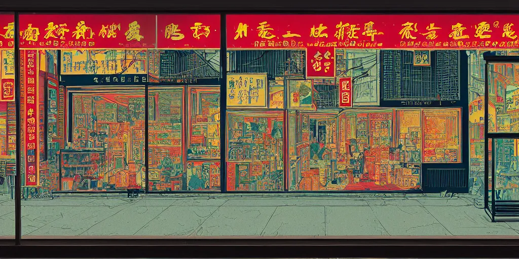 Image similar to a shop window in hong kong, by dan mumford and peter doig and edward hopper, minimal, black in, thick lines highly detailed, muted colours, overlaid with chinese adverts, 8 k