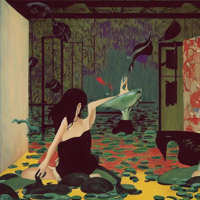 Image similar to tall emo female artist holding a large fish in her flooded apartment, seaweed, pomegranates, octopus, water gushing from ceiling, painting of flood inside an artist's apartment, a river flooding indoors, ikebana, zen, rapids, waterfall, black swans, canoe, berries, acrylic on canvas, surrealist, by magritte and monet