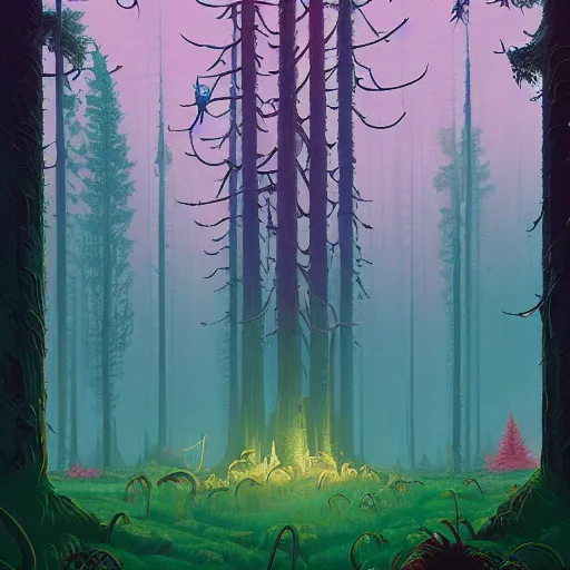 Image similar to A magical forest by Simon Stålenhag and Dan Mumford