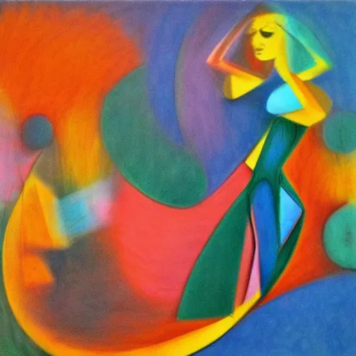 Prompt: woman dances by a river to the rhythm of the water and the wind, abstract art in the style of cubism and Georgia o keefe,