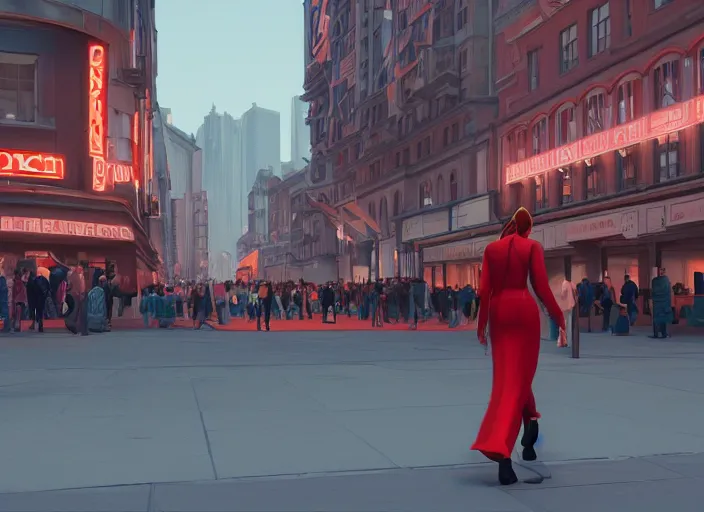 Prompt: inspiring beautiful girl a red propaganda flag walking through crowd in a beautiful futuristic city by Edward Hopper and Dan Mumford, Unreal Engine 5, Lumen, Nanite