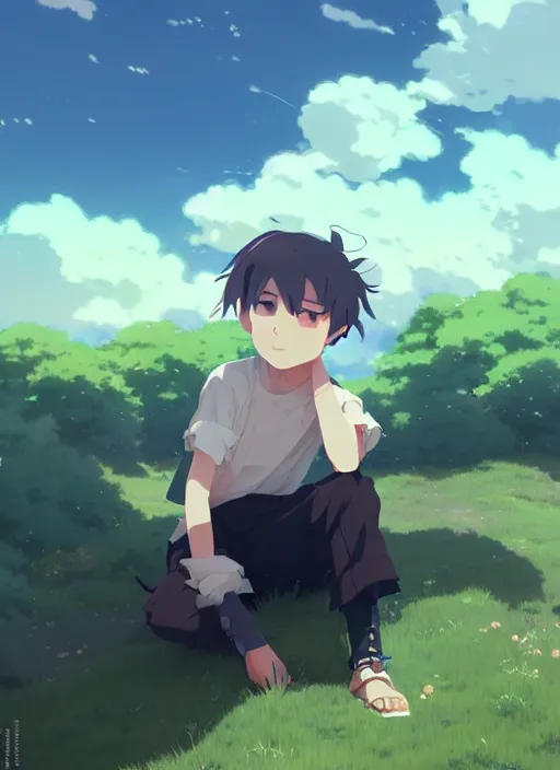 Image similar to portrait of cute boy, cloudy sky background lush landscape illustration concept art anime key visual trending pixiv fanbox by wlop and greg rutkowski and makoto shinkai and studio ghibli