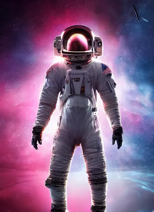 Prompt: complex poster by craig mullins astronaut in futuristic dark and empty spaceship underwater. infrared glowing lights. complex and hyperdetailed technical pink suit. reflection and dispersion materials. rays and dispersion of light. volumetric light. 5 0 mm, f / 3 2. noise film photo. lens flare. flash photography. unreal engine 4, octane render. interstellar movie art