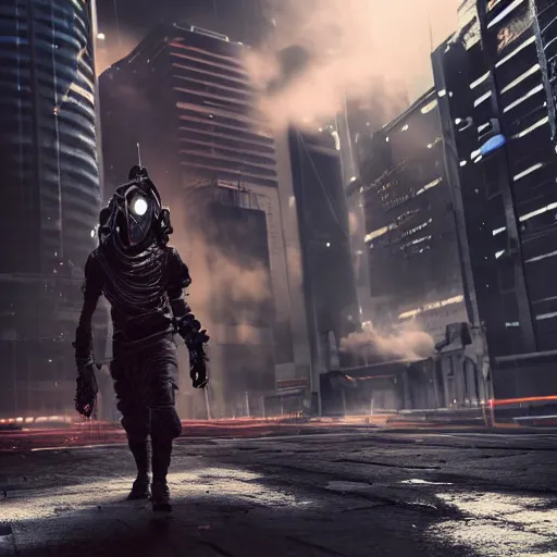 Prompt: a cyberpunk style great helm on the ground after a hige battle, epic compotition, light smoke, epic lighting