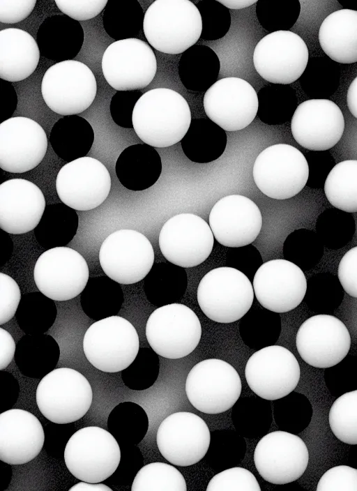 Image similar to realistic object photo of molecule made of black and white ping pong balls, hairy fluffy caterpillars, readymade, dadaism, fluxus, man ray, x - ray, electronic microscope 1 9 9 0, life magazine photo