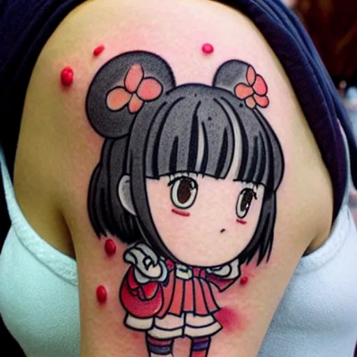 Prompt: a cute manga school girl tattoo by Hayao Miyazaki and Naoko Takeuchi, manga japanese school girl, tattoo on upper arm