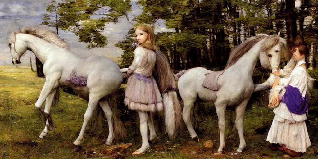 Image similar to 3 d precious moments plush horse, realistic fur, master painter and art style of john william waterhouse and caspar david friedrich and philipp otto runge