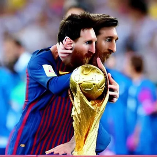 Image similar to messi kissing the soccer world cup trophy