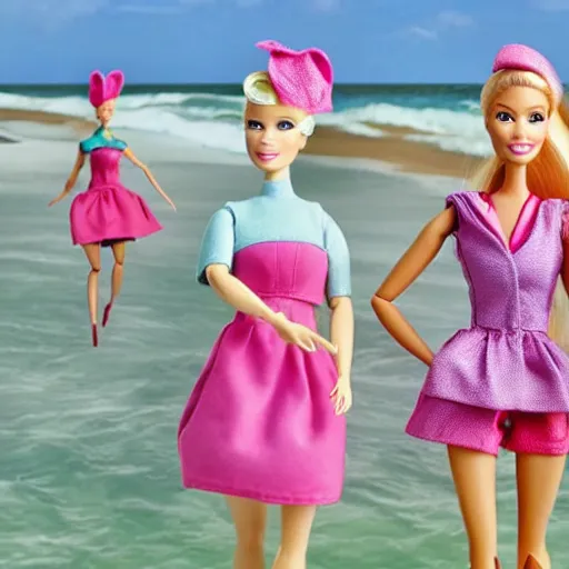 Prompt: fifty thousand barbie dolls charging the beaches of D-Day