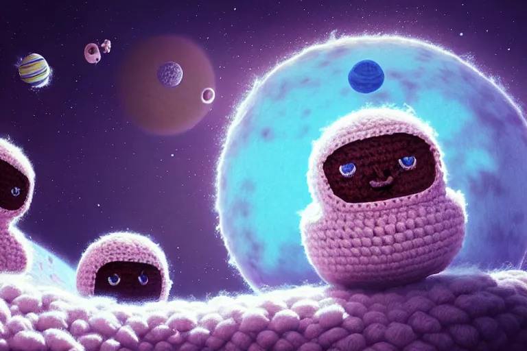 Image similar to an expedition of crochet astronauts discovering a new fluffy planet made out of yarn. cute, illustration, digital art, inspired by little big planet, by greg rutkowski, detailed, sharp, masterpiece, highly detailed, photorealistic, octane render, 8 k, unreal engine 5, trending on artstation