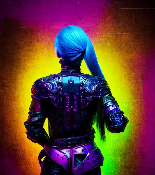 Prompt: back shot, looking away from viewer, woman with black ponytail in sci - fi leather armor, purple, by dariusz zawadzki, kenneth blom, mental alchemy, james jean, pablo amaringo, naudline pierre, intricate, contemporary art, glitch, neon color palette, hyper detailed, rendered in octane