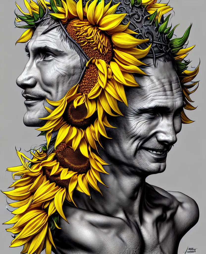 Image similar to digital art, centered full body of Putin smiling king, Sunflower crown, ,intricate, veins, by James Jean and by artgerm , by ross tran ultradetailed, charachter design, concept art, trending on artstation,