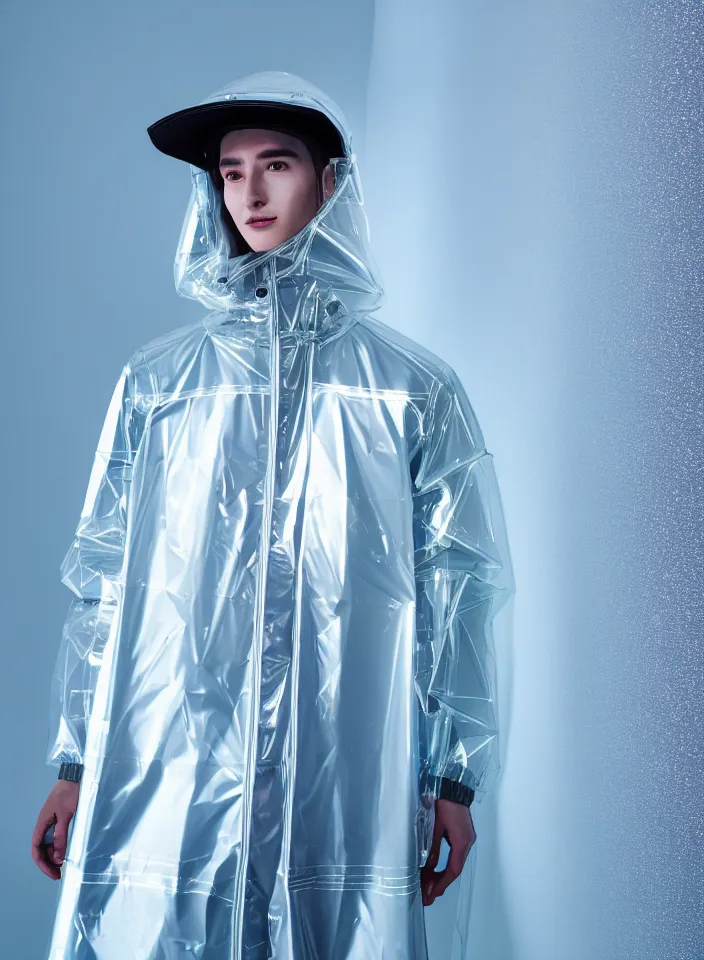 Image similar to an ultra high definition professional studio quality photograph of an artificially intelligent android influencer with silver skin wearing a transparent iridescent pastel coloured visor and matching wavey raincoat on white hook in a sheer icelandic black rock environment. three point light. dramatic lighting. volumetric shadows. light rays