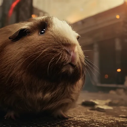 Image similar to guinea pig in gears of war, splash art, movie still, detailed face, photorealistic facial features, cinematic lighting, dramatic, octane render, long lens, shallow depth of field, bokeh, anamorphic lens flare, 8 k, hyper detailed, 3 5 mm film grain