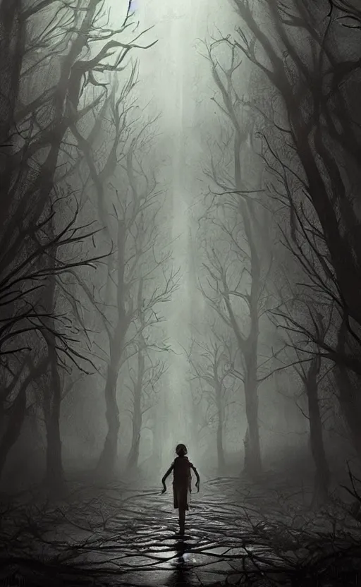 Image similar to dark fantasy concept art of a stranger things inspired landscape, spooky and creepy, with an eery vibe, dynamic lighting, photorealistic, hyper realistic, ultra detailed, ambient lighting, atmospherical, stunning visuals, creative, trending on art station, stunning visuals