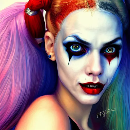 Image similar to Harley Quinn from the suicide squad, portrait, playful, fantasy, medieval, beautiful face, vivid colrs, elegant, concept art, sharp focus, digital art, Hyper-realistic, 4K, Unreal Engine, Highly Detailed, HD, Dramatic Lighting by Brom, trending on Artstation