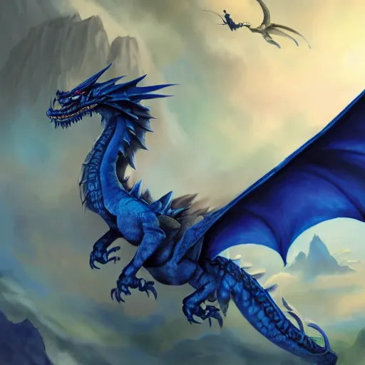 Prompt: huge blue dragon in flight by plutus su and chris scalf and lucas graciano and billy christian and alex konstad and mark zug, mountains, blue and white color palette, painting, d & d, fantasy, detailed, realistic, complimentary colors, light, artstation, cinematic, dramatic lighting, close up