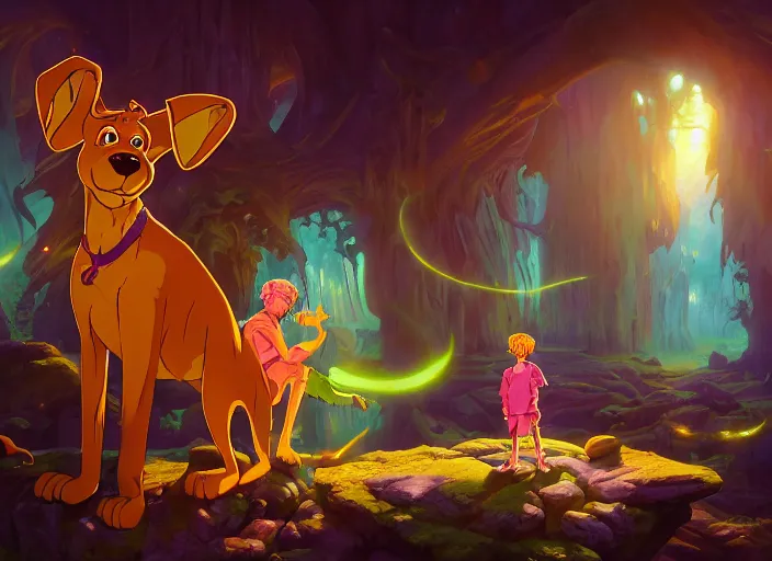 Image similar to highly detailed portrait of scooby doo and shaggy, in no game no life, stephen bliss, 8 k, unreal engine, fantasy art by greg rutkowski, loish, rhads, ferdinand knab, makoto shinkai and lois van baarle, ilya kuvshinov, rossdraws, tom bagshaw, global illumination, radiant light, detailed and intricate environment