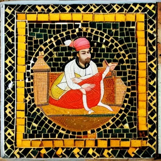 Prompt: A Mughal miniature style Mosaic made with Ochre on Ceramic of An aardvark arrogantly pinching A Camera in the style of Carle Van Loo, trending on artstation, trending on cgsociety