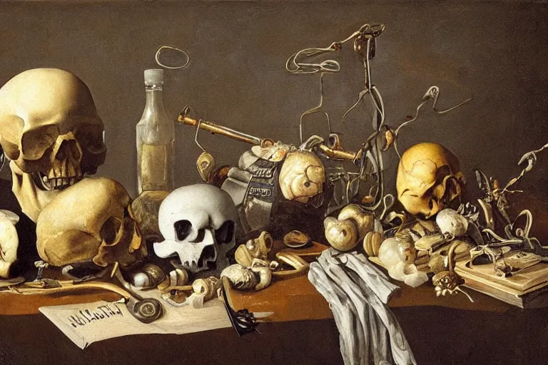 Prompt: a vanitas painting from the 21st century by clara peeters with a skull but also all the electronical gadgets of modern times, cables, wires