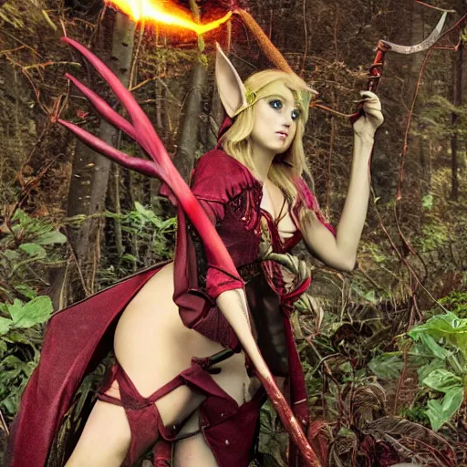 Prompt: a photo of an elven high mage with a staff having a magic standoff with a succubus demon in a magical forest. The demon is mostly red and black colored, and is armored. The elf wears robes.