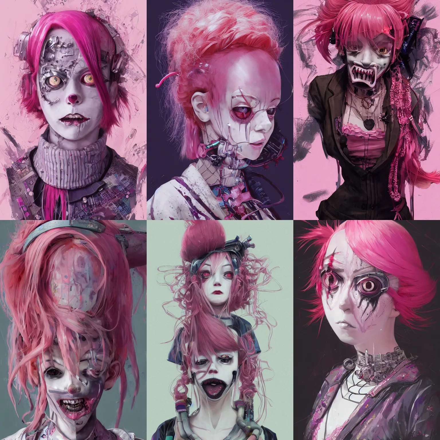 Image similar to by kyoto animation, very creepy clown girl pink hair, wearing cyberpunk intricate streetwear, beautiful, detailed portrait, intricate complexity, ilya kuvshinov, cell shaded, 4 k, concept art, by wlop, ilya kuvshinov, artgerm, krenz cushart, greg rutkowski, sharp focus, volumetric lighting, cinematic lighting, studio quality