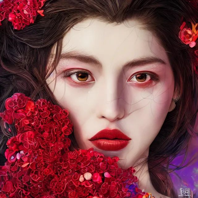 Prompt: studio portrait absurdly beautiful, elegant, graceful, young hypercolorful variety sensual gravure idol rubies red petals gems, ultrafine hyperrealistic detailed face illustration by kim jung gi, irakli nadar, intricate linework, sharp focus, bright colors, matte, octopath traveler, final fantasy, unreal engine highly rendered, global illumination, radiant light, intricate environment