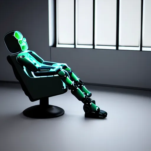 Image similar to futuristic lonely matte dark gray and glossy translucent green full-body humanoid robot with huge expressive comically sad LED eyes and open rectangular mouth sitting on a large comfortable cushioned vintage recliner reading a hardbound leather book. Cinematic Lighting, Cinematic Movie Photograph, Arri Alexa, Extremely Detailed, smooth, very very clean, simple, 8K, octane render, maya render, unreal engine, trending on artstation, DSLR, excellent composition, moody