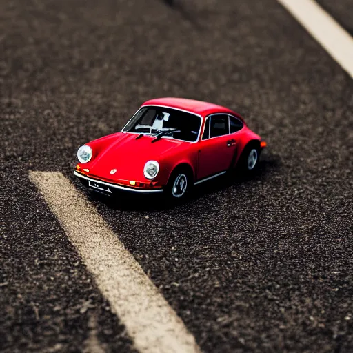 Image similar to close up photo of a small toy porsche 9 1 1 9 6 4 on a road stripe, cinematic, shallow dof, 3 5 mm, 4 k, macro